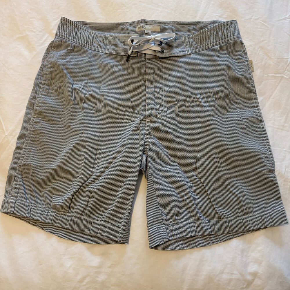Men's Onia Alek Mid-Length Striped Swim Shorts Size S